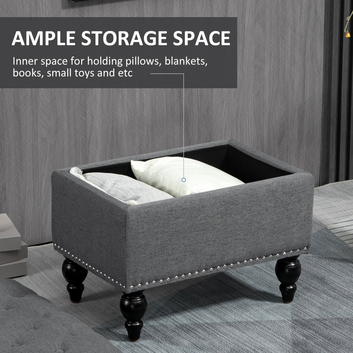 Ottoman With Storage For Living Room, 25" Tufted Storage Ottoman With Removable Lid & Wood Legs, Plush Fabric Footrest & Seat, Gray