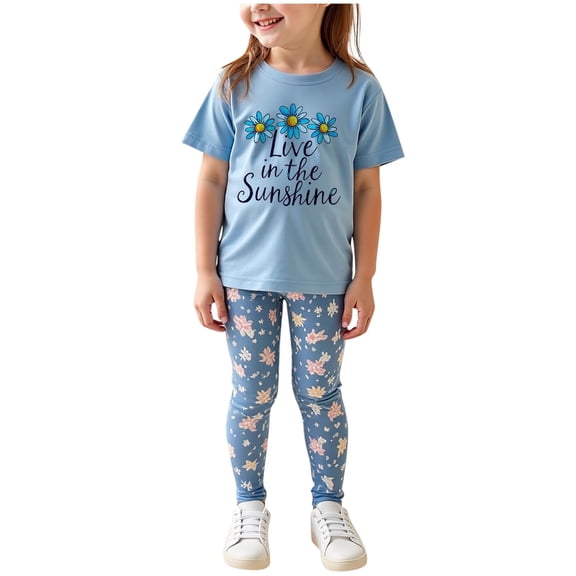Girls Floral Lounge Set Size 6 Two Piece Cotton Fall Outfits Cute Short Sleeve Tees Leggings Summer Cute Clothes 4 Years, Blue