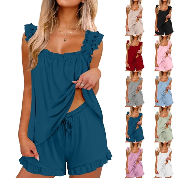 Womens Pajamas Set 100% Cotton Soft Womens Fashion Solid Round Neck Pajama Set Home Clothing T-Shirt Sleeveless Blouses Short Pants Set Navy L