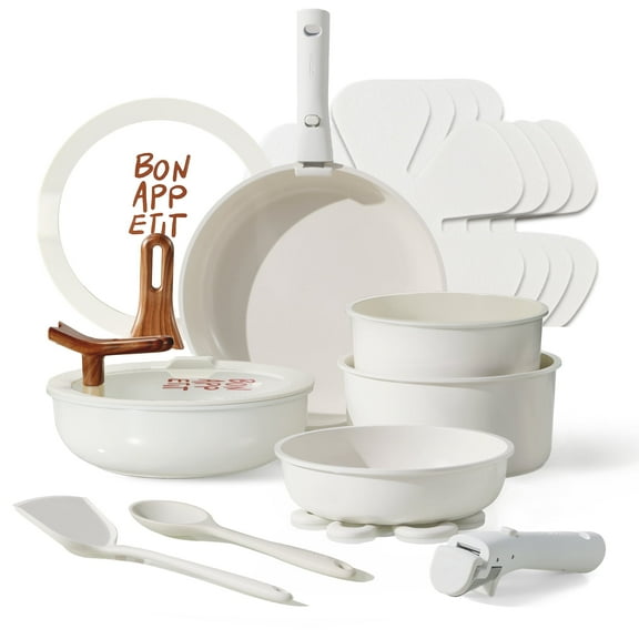 Carote 18 Pcs Ceramic Nonstick Cookware Set, Pots and Pans with Detachable Handles, Oven/Dishwasher Safe, Stackable Kitchen Cooking Set, White