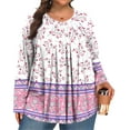thumbnail image 2 of TQWQT Plus Size Blouses for Women Boho Pleated Plus Size Tops Floral Print V Neck Long Sleeve T Shirts Curvy Women Dressy Casual Tunics Women Loose Fit Clothes Purple Pink XL, 2 of 5