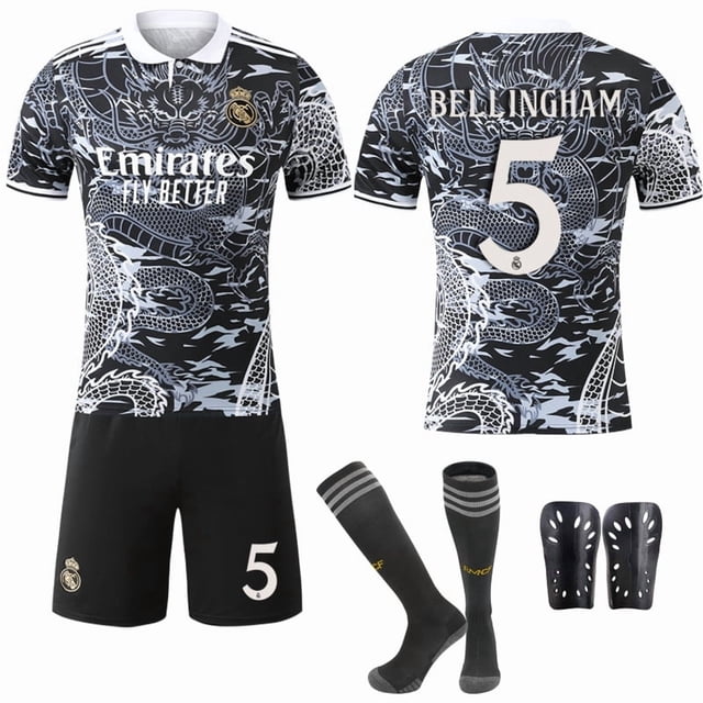 2425 Real Madrid Motif dragon Noir et Blanc Édition Commémorative Spéciale Rétro No. 9 Mbappe 7 Vinicius 5 Bellingham No. 5 avec Chaussettes + Équipement de Protection Ensemble de Maillot de football Classique