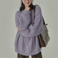 thumbnail image 4 of VISALY Pullover Crewneck Sweatshirt Knit Sweater Cable Knit Sweaters Casual Knit Pullover Sweater Long Sleeves Jumper Tops Crochet Sweaters Women Pullover Sweaters Sweatshirts Purple One Size, 4 of 6