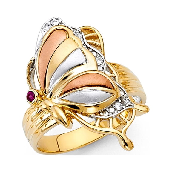 14k Yellow White Rose Gold Butterfly Ring Fashion Band CZ Stylish Polished & Satin Fancy Size 7