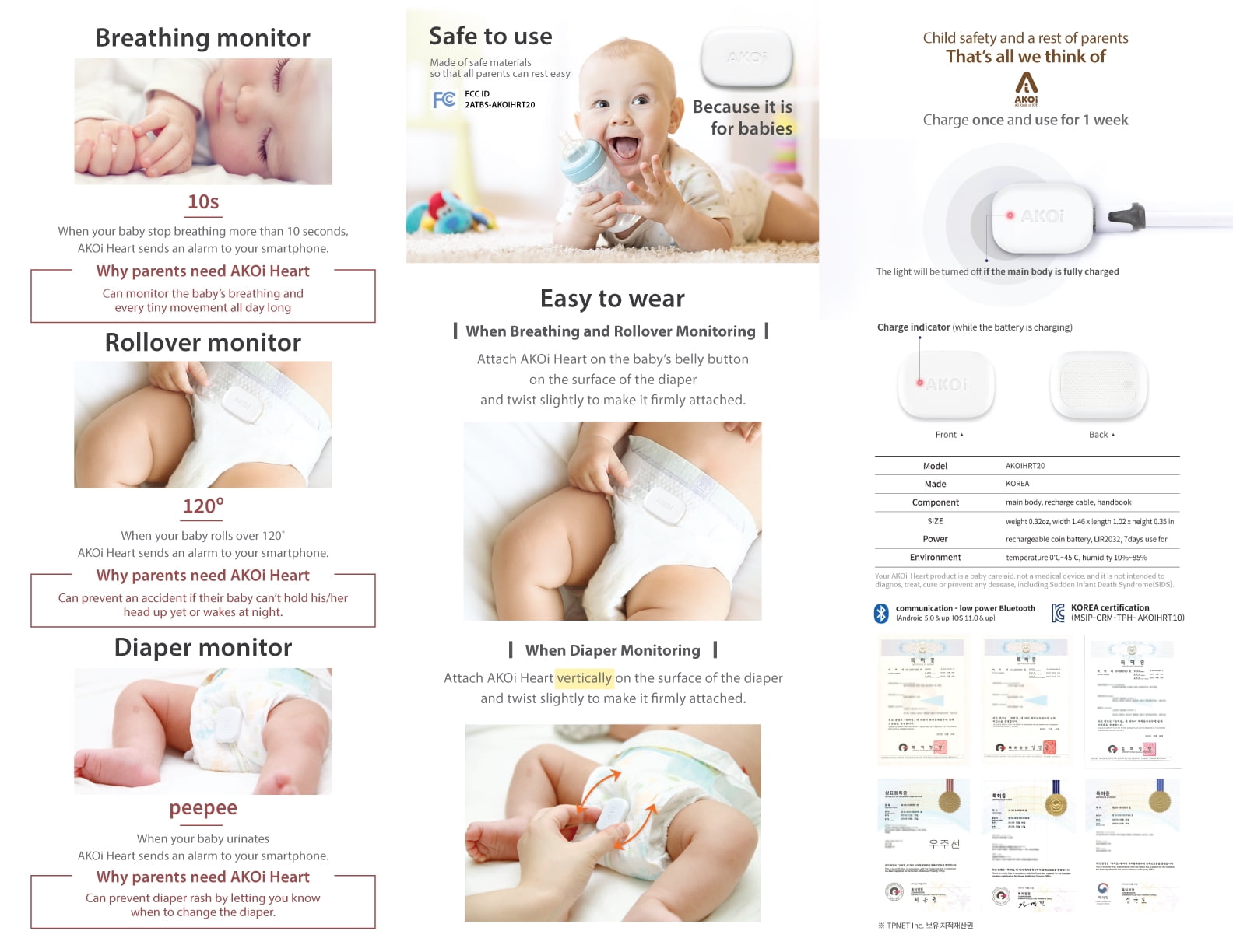 Akoi heart, baby care alarm, Baby Monitoring Sensor, Breathing 