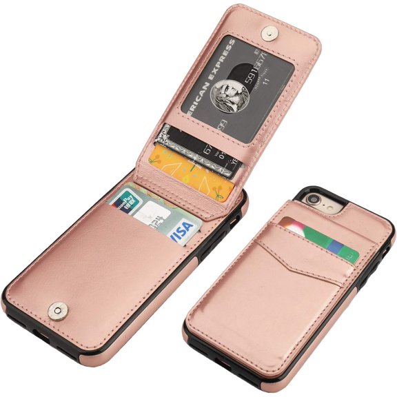 REQO iPhone 7 iPhone 8 iPhone SE 2020 Case Wallet with Credit Card Holder, Premium Leather Magnetic Clasp Kickstand Heavy Duty Protective Cover for iPhone 7/8/SE 4.7 Inch(Rose Gold)