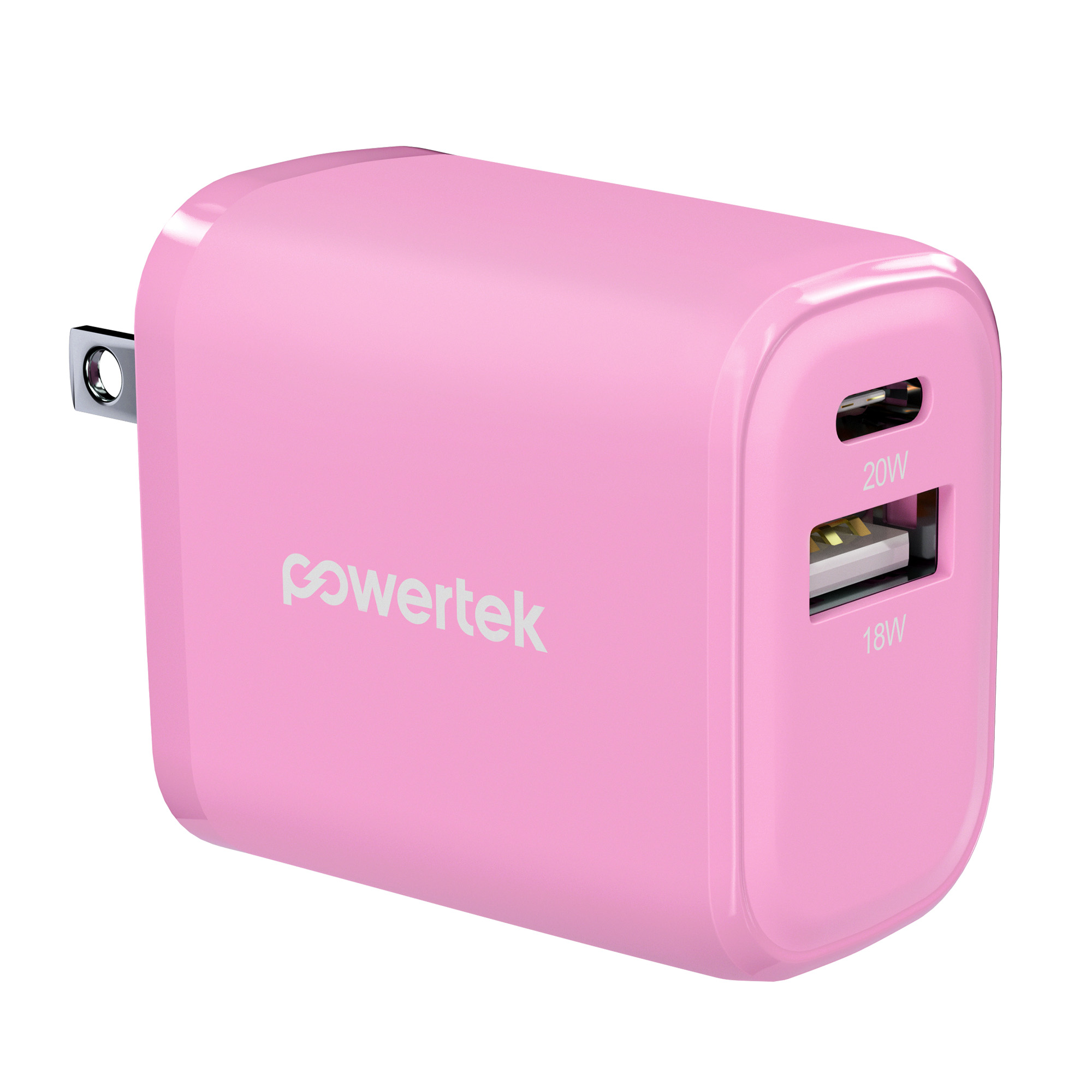 Powertek 20W USB-C + USB-A Wall Charger, Fast Charging Power Delivery Cube, Dual Port Compact Charger, Pink