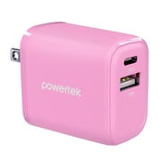 Powertek 20W USB-C + USB-A Wall Charger, Fast Charging Power Delivery Cube, Dual Port Compact Charger, Pink