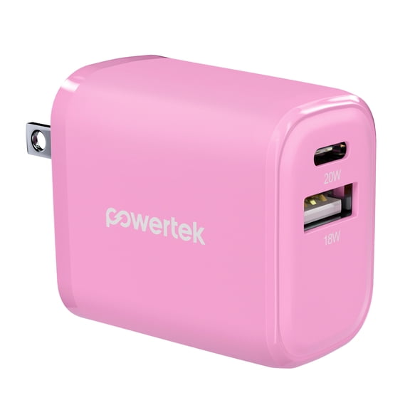 Powertek 20W USB-C USB-A Wall Charger, Fast Charging Power Delivery Cube, Dual Port Compact Charger, Pink
