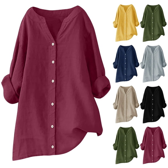 Qwertyu Womens Button Down Shirts Plus Size Cotton Linen Roll Up Long Sleeve Tops V Neck Casual Loose Fit Blouses Khaki M
