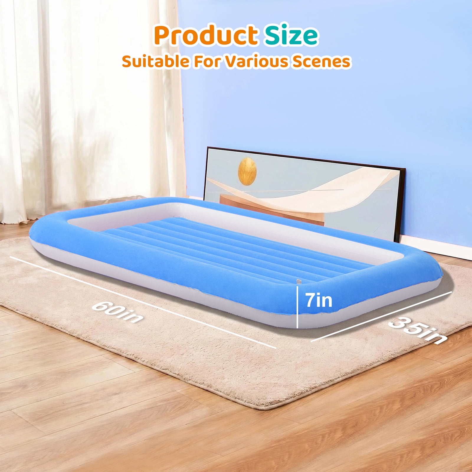 Honeydrill Travel Air Mattress Inflatable Air Bed Blow Up Mattress with Raised Sides, Blue