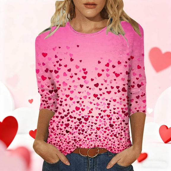 Avrnliq Womens Hot Pink Gradient Heart Print Blouse - 3/4 Sleeve Round Neck Stretch Polyester Spandex Top, Plus Size Inclusive S-XXXL for Valentine's Day Casual Wear,Size L
