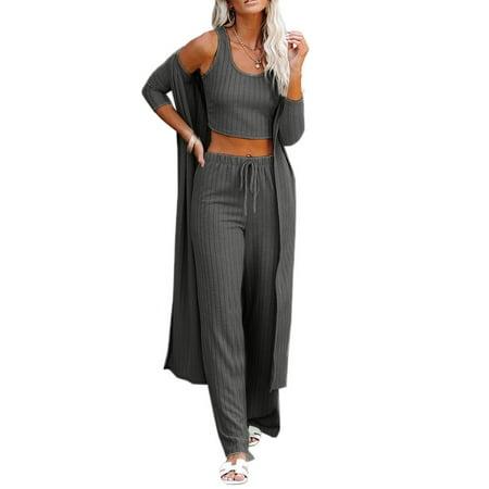 

Yskkt Womens Pajamas Set Fall 3 Piece Loungewear Set Crop Vest Top Loose Pants and Cardigan Knitwear Jumpsuit Warm