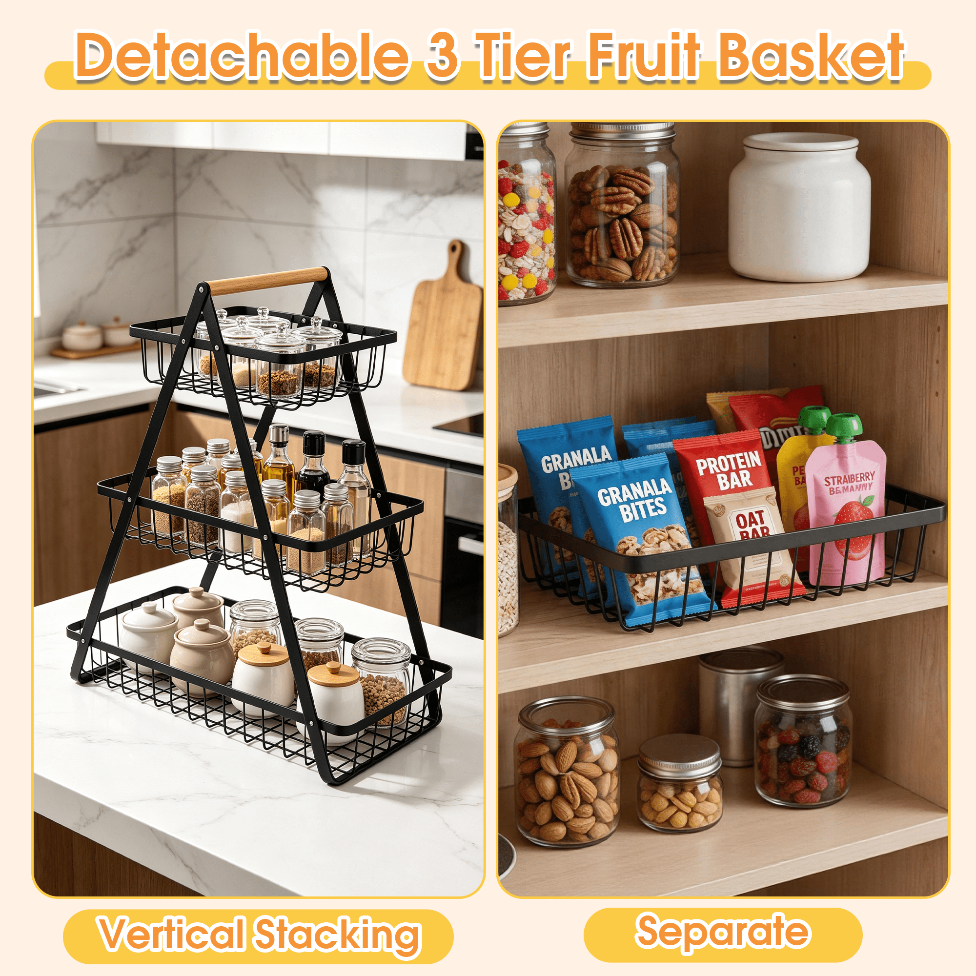 3 Tiers Fruit Basket, Kitchen Countertop Storage Basket with Wooden Handle, Metal Fruit Bowl Kitchen Office Dining Organizer for Fruit, Vegetable, Snacks
