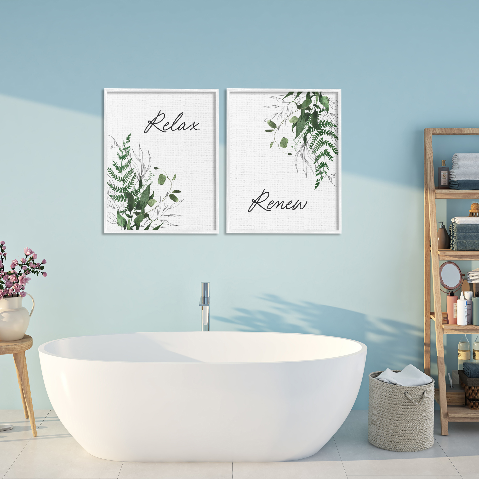 Relax Renew Botanical Leaves 2 Piece White Framed Giclee Art Set, design by Lettered and Lined