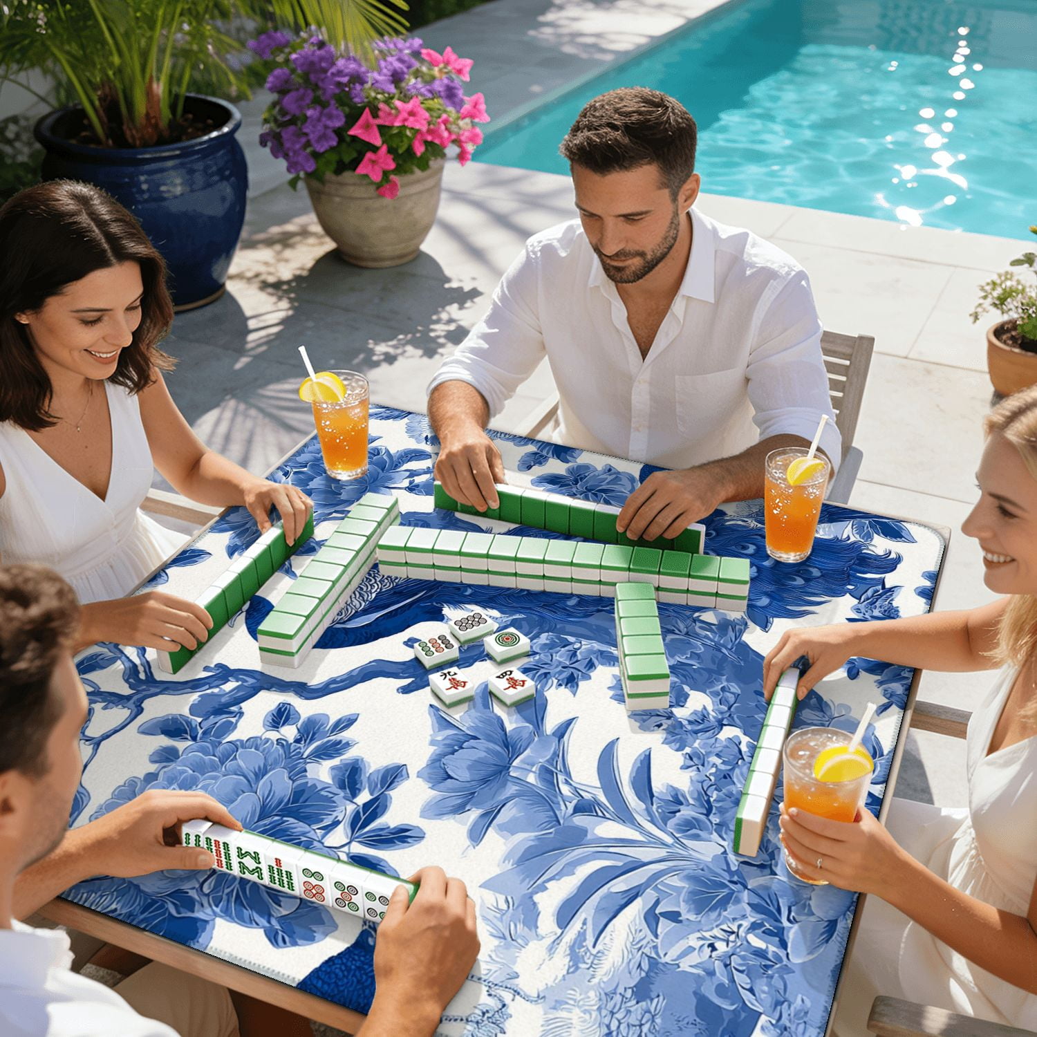 Mahjong Mat 31.5" x 31.5" Seamless chinoiserie style peacock birds peonies Non-Slip Noise Reduction American Mahjong Tiles Table Cover for Dominoes Poker Card Board Games Gift