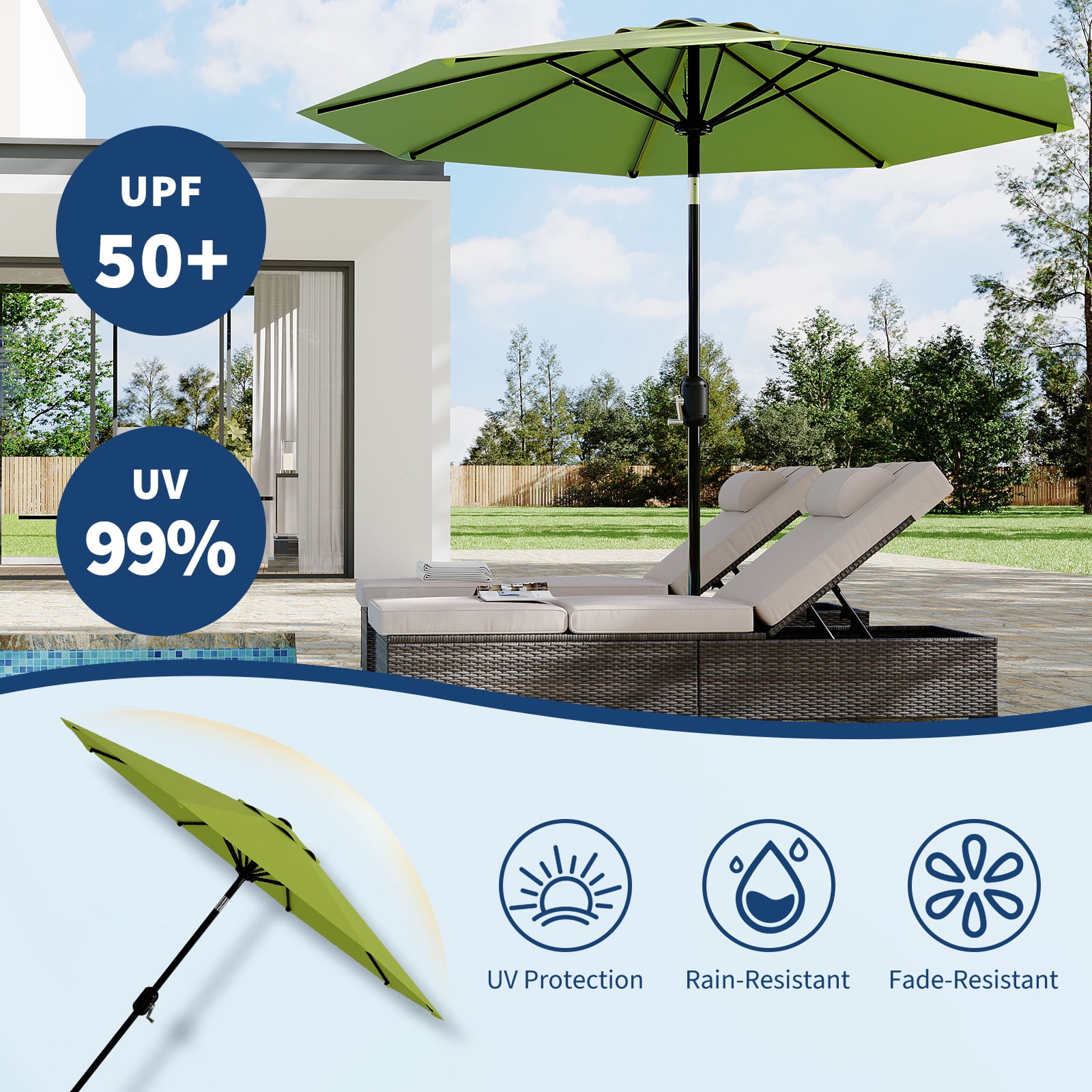 9FT Patio Umbrella Outdoor, Table Umbrella with Push Button Tilt and Crank, 8 Sturdy Ribs UV Protection Waterproof for Garden, Pool, Market, Deck