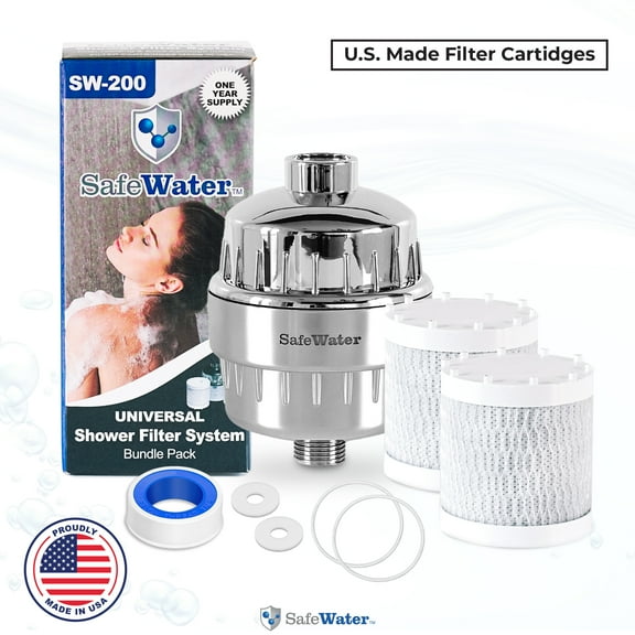 SafeWater KDF Infused Activated Carbon Shower Filter Bundle Pack - All-in-One Solution | Removes Chlorine, Heavy Metals | Prevents Dry Skin, Eczema | Universal Fit, 2 Refill Cartridges | Made in USA