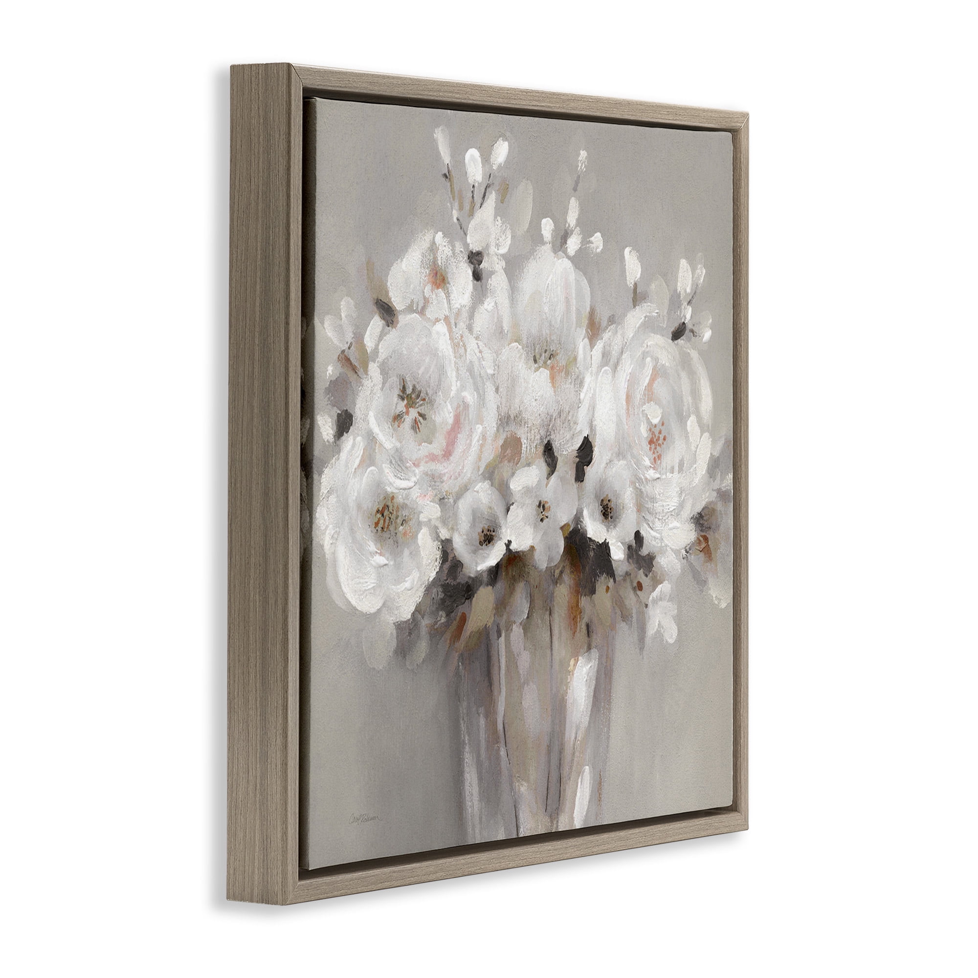 Stupell Industries White Flower Bunches Botanical & Floral Painting Brown Floater Framed Canvas Art Print Wall Art, 18 x 18