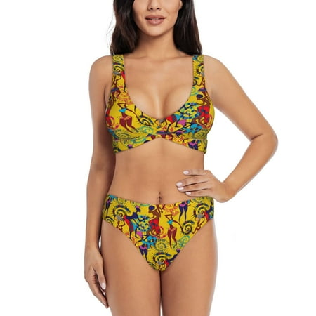 Zeuib Dancing African Womens High Waisted Tummy Control Bikini Set - Knot Front Push Up Top & Cheeky Thong Bottom  Two-Piece Swimsuit for Women-Medium