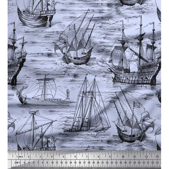 Soimoi Modal Satin Fabric Waves & Ship Ocean Print Fabric by Yard 42 Inch Wide