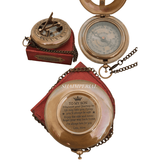 to My Son Compass Personalized Sundial Compass with Leather Case/Gift for SonUnique Gift for Men Beautiful Handmade Sundial Clock Sun Clock Steampunk Clock for Him Antique Decor, Directional Magnetic