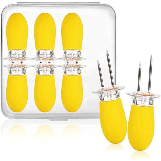 4x tenedor de maíz con 2 dientes de acero inoxidable, inoxidable - brochetas de maíz reutilizables - ayuda a pelar papas asadas (04 piezas - amarillo) 10*2.8cm