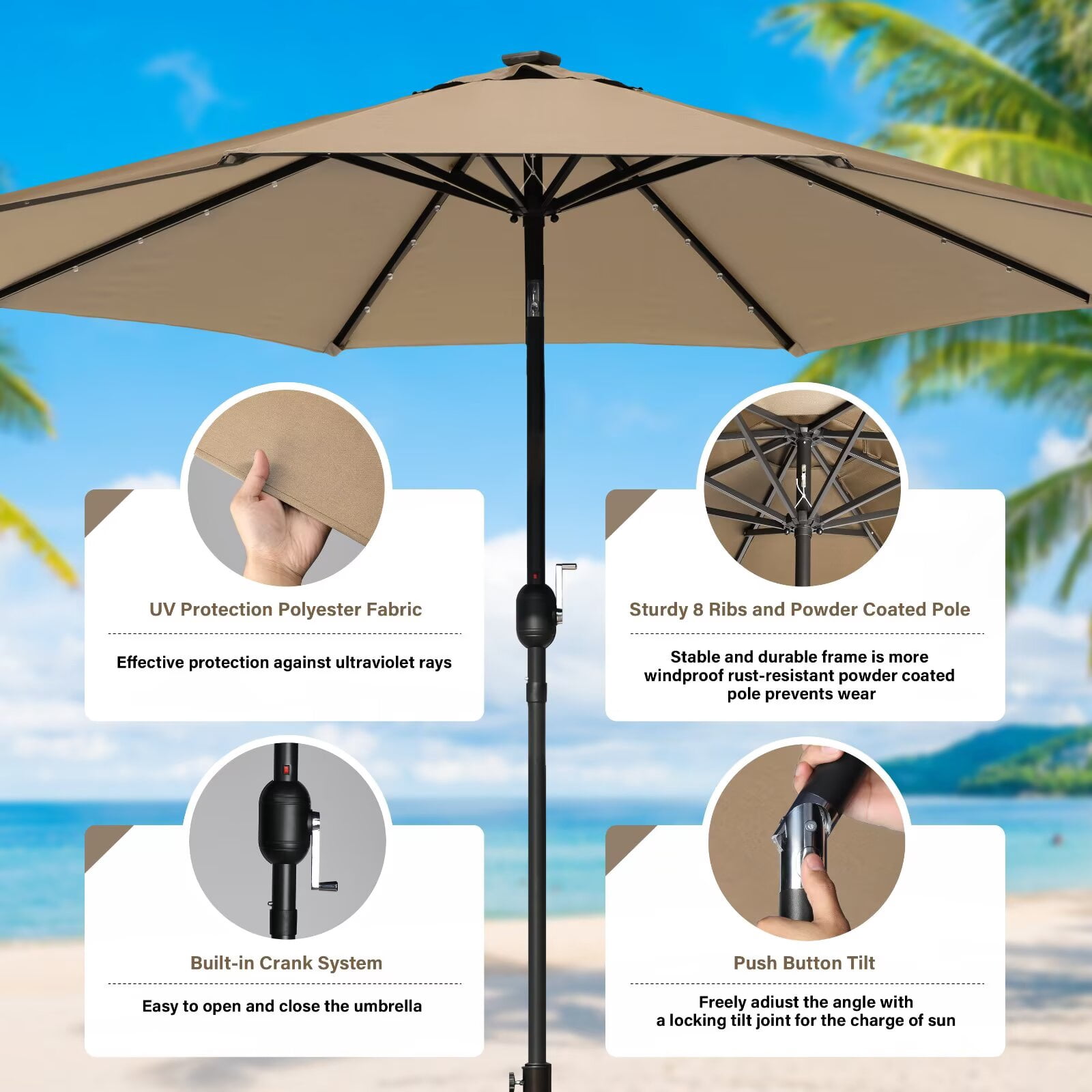 Simple Deluxe 9' Solar 32 LED Lighted Patio Umbrella Outdoor Table Market Umbrellas with Push Button Tilt/Crank for Garden, Deck, Backyard and Pool, Tan