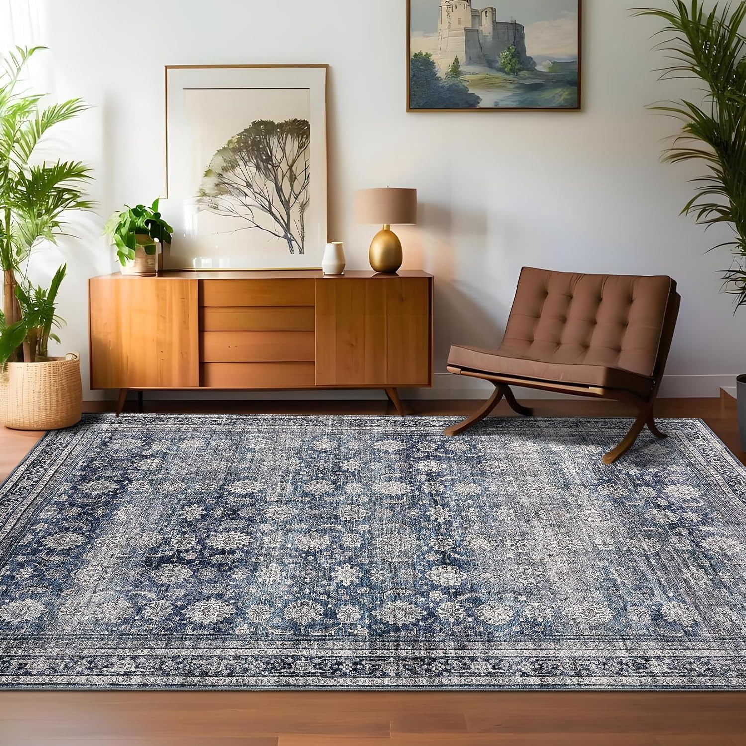 Area Rugs 4x6 Vintage Printed Floor Carpet with Non-Slip Backing, Stain-Resistant Oriental Throw Rugs, Washable Farmhouse Low Pile Rugs for Living Room, Bedroom, Office, Blue