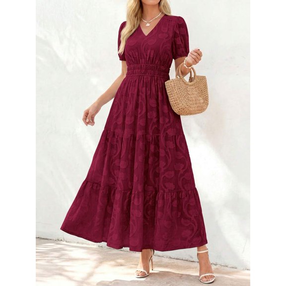 Burgundy V-Neck Short Sleeve Tiered Maxi Dress With Floral Embossing