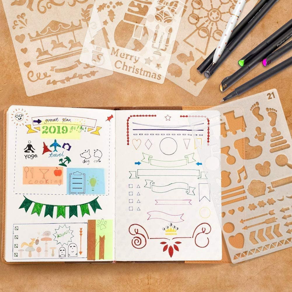 36 PCS Plastic Journal Stencils for Bullet Junk Journal Notebook Diary Drawing Scrapbook Journal Stencil Templates 4x7 Inch