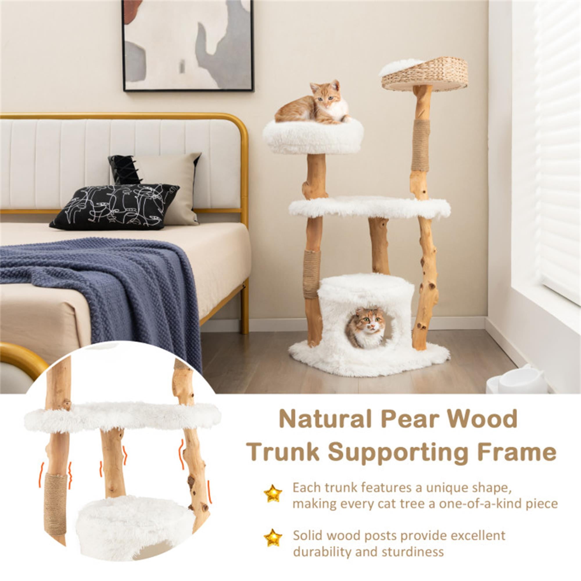 resenkos 49" Solid Wood Cat Tree Tower for Indoor, Modern Cat Condo with Scratching Post, Cat Climbing Tree House Furniture, White