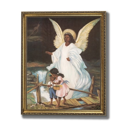 Guardian Angel Picture Frame - Guardian Angel With Children On Bridge African American Black Religious Wall Picture Gold Framed Art Print