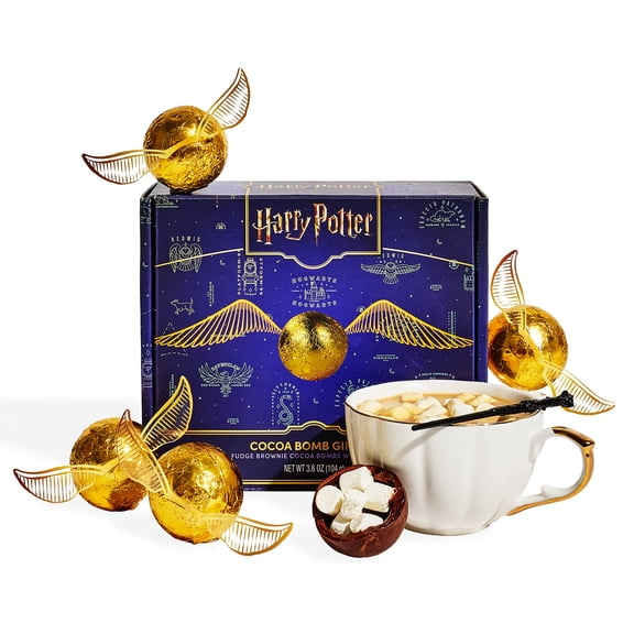 Thoughtfully HARRY POTTER Cocoa Set with Hot Chocolate Bombs, Golden Snitch Design, Fudge Brownie with Stir Wand, HARRY POTTER Fan Gift, 4 Count