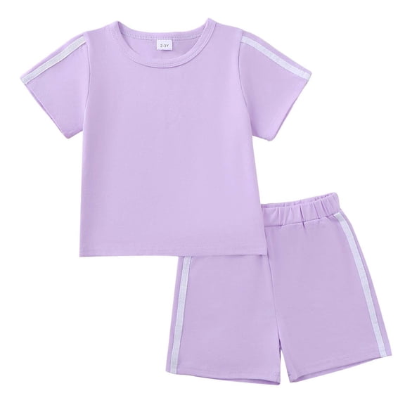Kucnuzki 2T Toddler Girl Outtfit Set 3T Girls Summer Clothes Sets Short Sleeves T-shirt Top Color Block Shorts 2pcs Clothing Purple 2-3Y