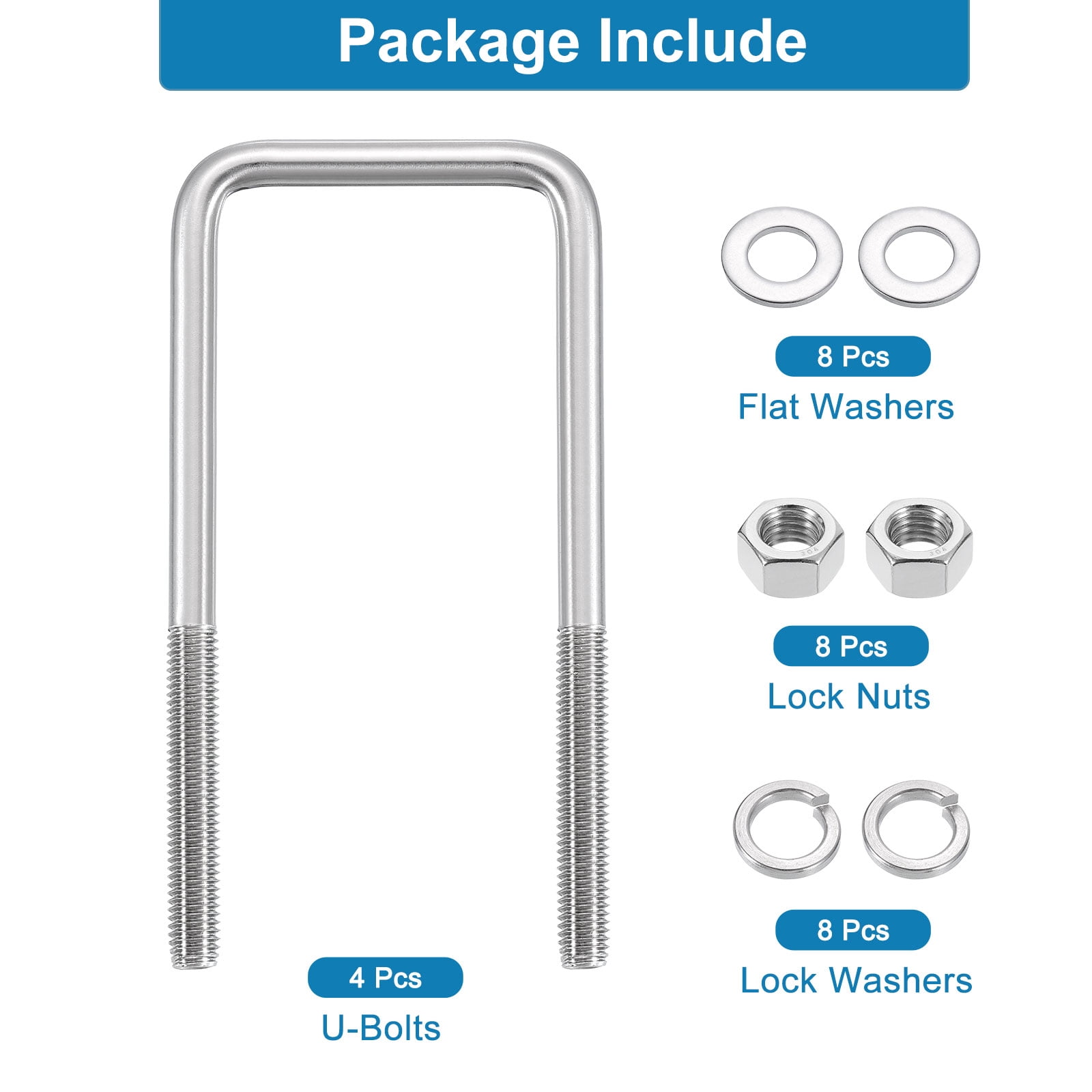 Uxcell U Bolts, 4 Set 3-1/16" x 7-5/16" - 304 Stainless Steel Square U Bolt with Washers and Nuts, Heavy Duty U-Bolts for Boat Trailer Ski Boat Trailer Sailboat Industrial Fasteners