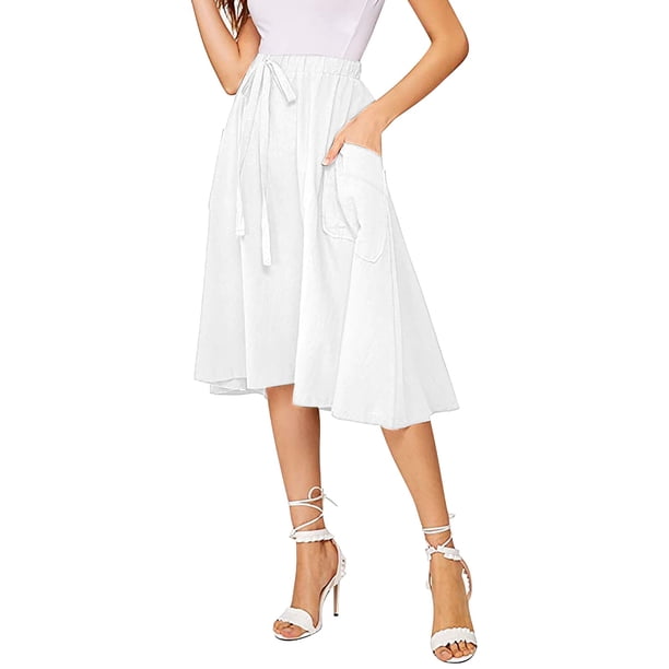 Gibobby faldas largas de mujer elegantes Falda midi plisada de cintura alta casual para mujer con bolsillo(Blanco, S)