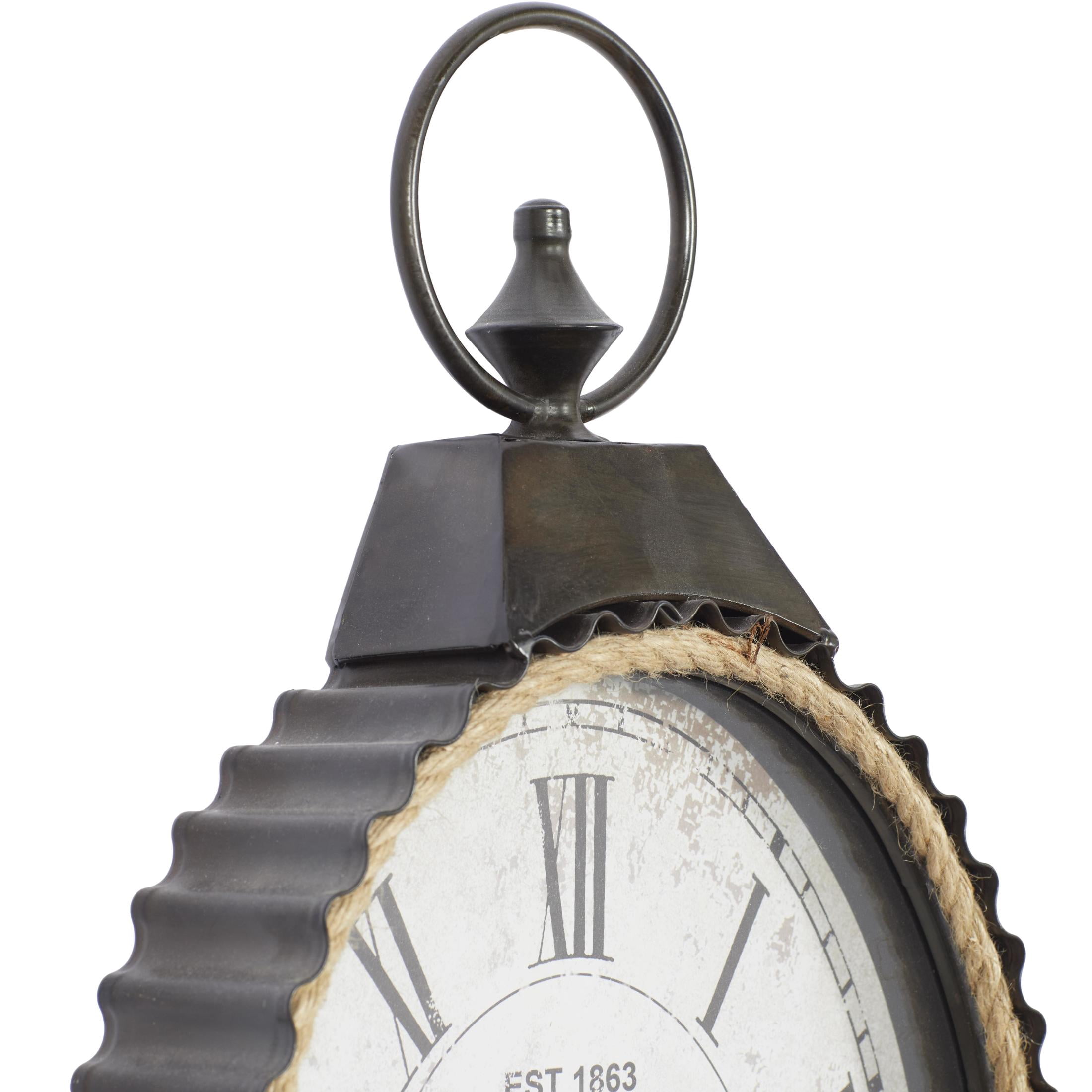DecMode 12" x 21" Black Metal Finial Pocket Watch Style Wall Clock with Rope Accent