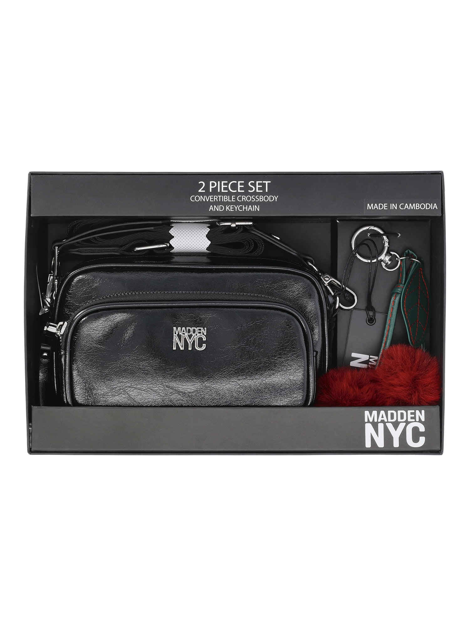Madden NYC Women's Nylon Camera Handbag with Charm Keychain, Black Nylon