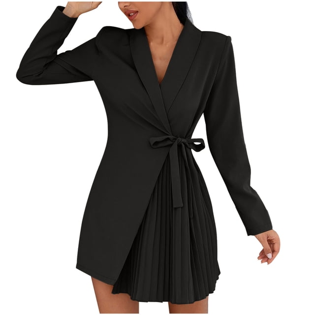 Vestido de chaqueta plisado con cordones de manga larga con temperamento de color sólido con cuello en V para primavera y otoño para mujer Pompotops hdfakjf7911