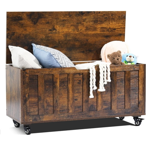 Storage Chest, 39.4'' Wooden Storage Bench with 4 Wheels & 2 Safety Hinges, Retro Box Support 300 lbs for Bedroom, Living Room, Easy Assembly, Rustic Brown