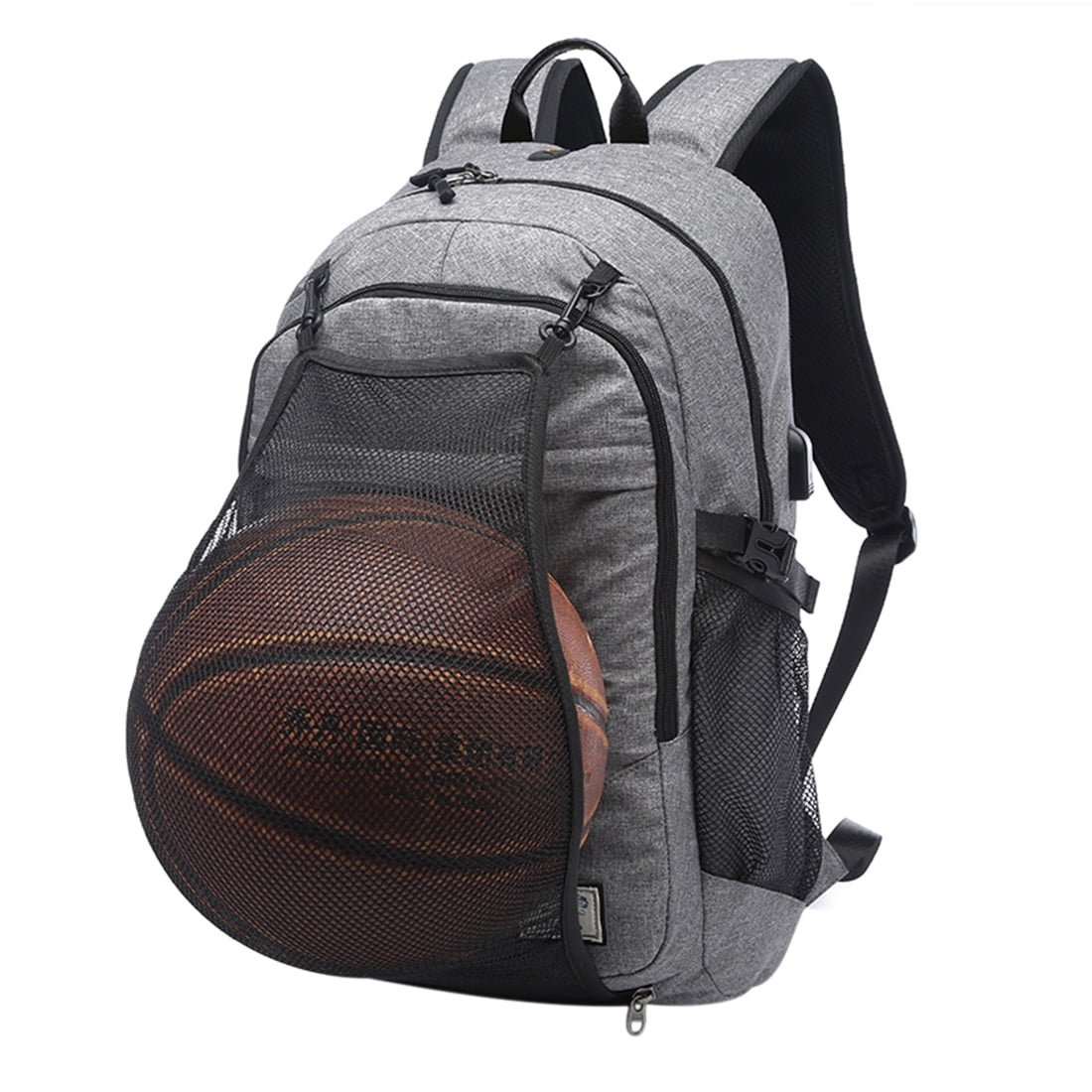 Men Women Basketball Backpack Bussiness Laptop Shoulders Bag with Basketball Net USB Charging Port for Man Women Grey by