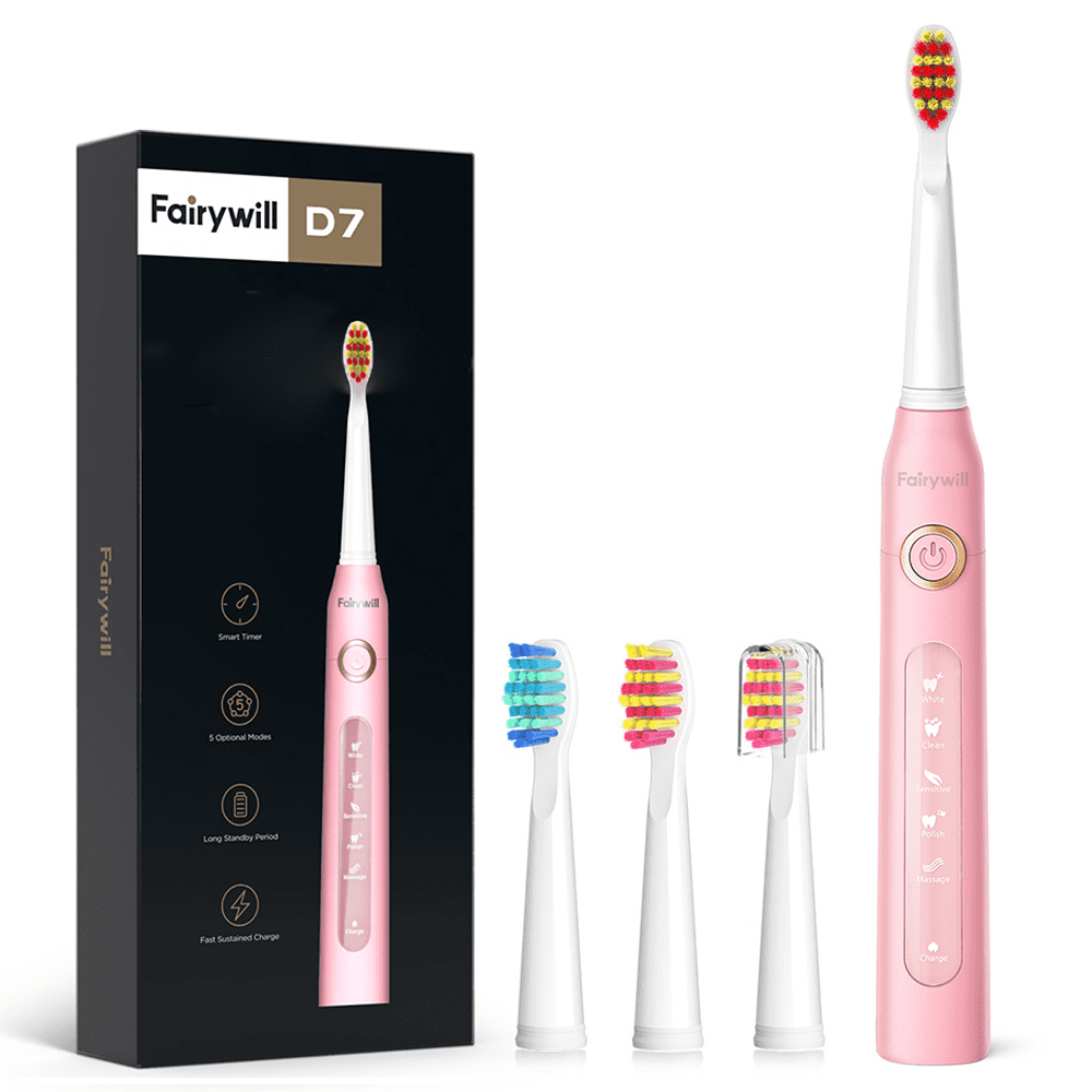 Fairywill Sonic Electric Toothbrush Power Toothbrushes with 6 Rechargeable Brush Heads IPX7 Waterproof 5Modes 30Days Battery Life Suitable for Short Business Trips White Walmart