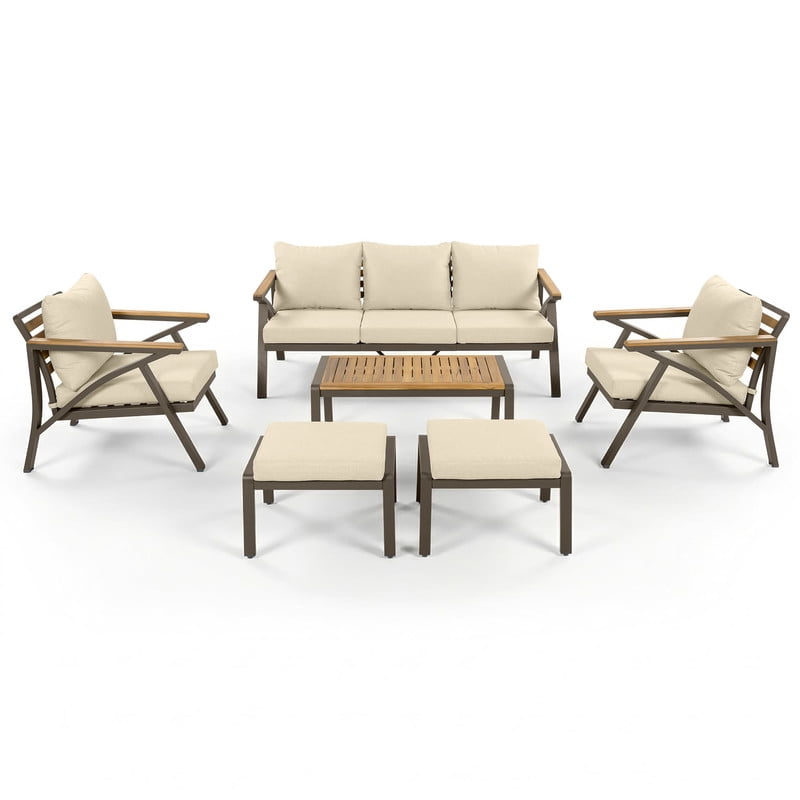 6-Piece Outdoor Patio Furniture Set, Steel Frame Outdoot Sectional Sofa Set with 3-Seat Couch, 2 Armchairs, 2 Ottomans & Acacia Wood Coffee Table for Backyard, Garden, Poolside
