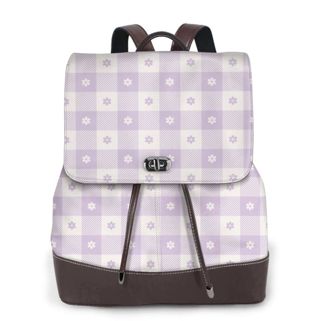 Easygdp Floral Purple Buffalo Plaid Mochila de Cuero para Mujeres, Bolso de Hombro, Bolsos de Mano de Moda para Trabajo y Viajes