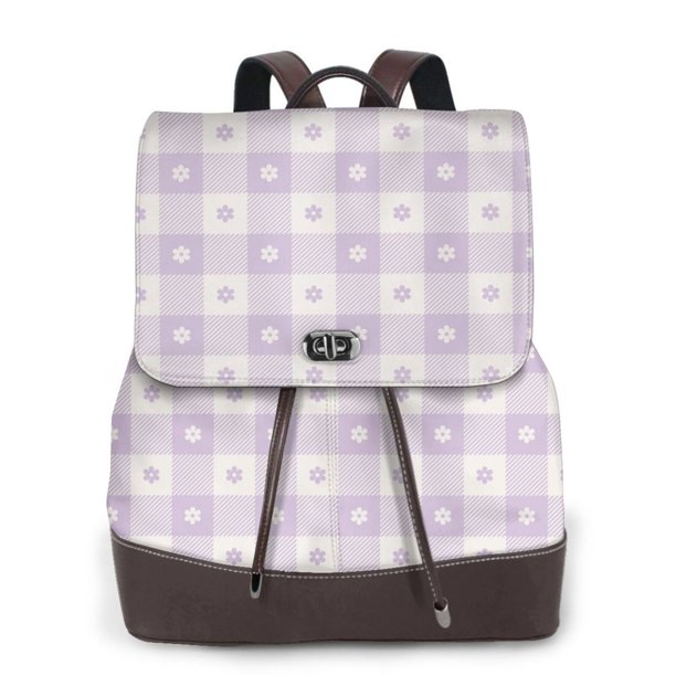 Balery Floral Purple Buffalo Plaid Mochila de Cuero para Mujeres, Gran Capacidad, Bolsa de Viaje Multifuncional, Mochila de Cuero y Bolsa de Hombro para Mujeres