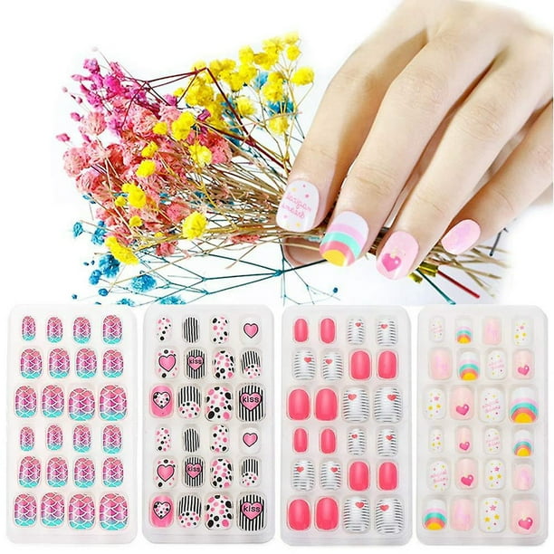 Uñas a presión para niños, 96 piezas de uñas postizas cortas para niñas, prepegamento, cubierta completa, puntas de uñas postizas para niños, uñas acrílicas con patrón de corazón lindo para niña
