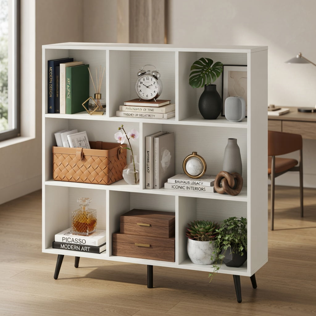 Spaco 8-Cube Bookcase - 5 Tapered Metal Legs Anti-Tip, Easy-Clean Surface, White