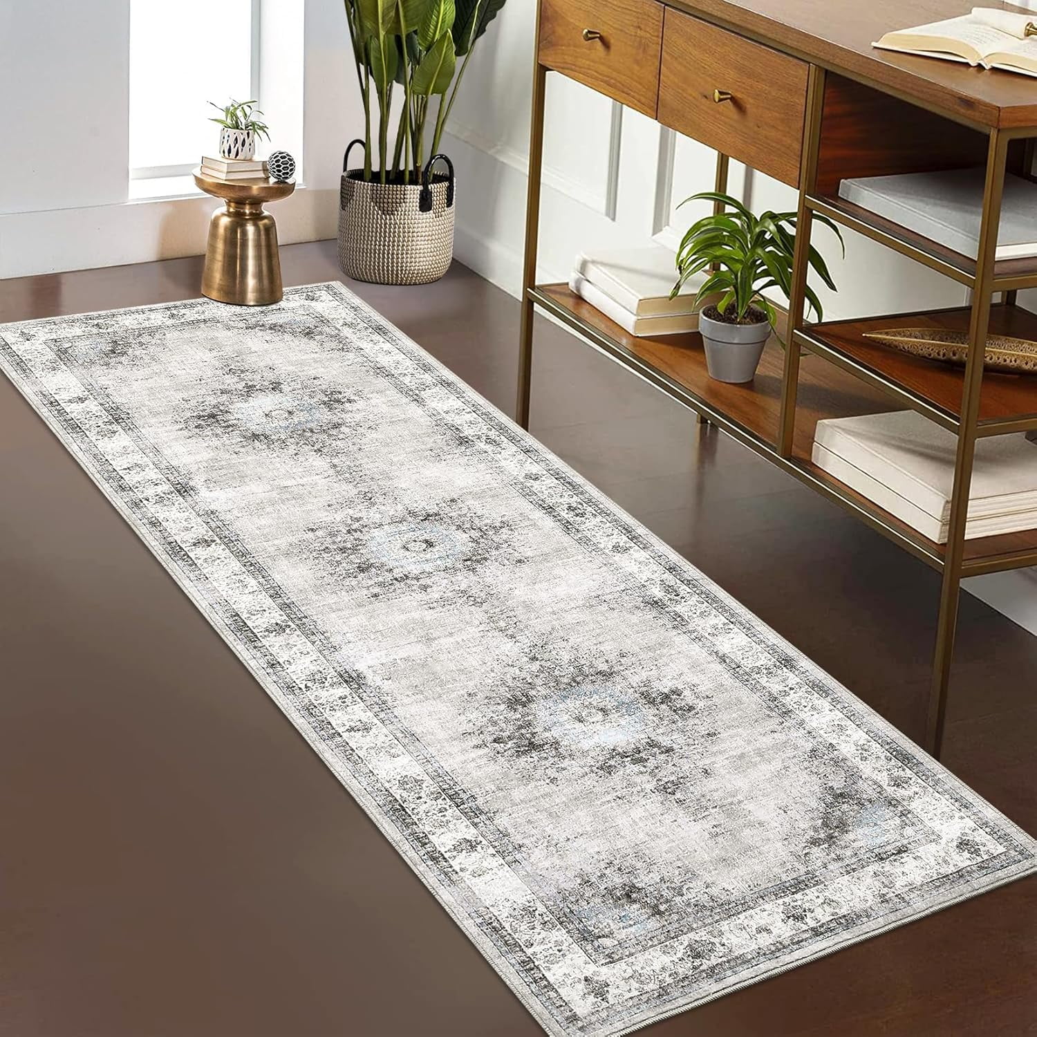 Runner Rug 2x6 Machine Washable Non-Slip Kitchen Hallway Vintage Distressed Carpet Throw Floor Medallion Area Rug for Living Room Bedroom Laundry, Beige