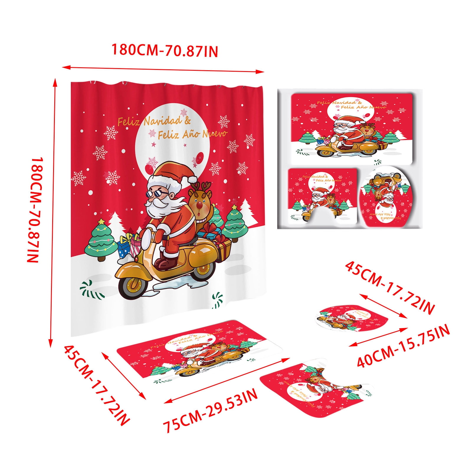 Tyidzon 4Pcs Christmas Shower Curtain Set with Non-Slip Bathroom Rugs Toilet Lid Cover U-Shaped Mats for Home Bathroom Xmas Decor, Waterproof Shower Liner 71x71"
